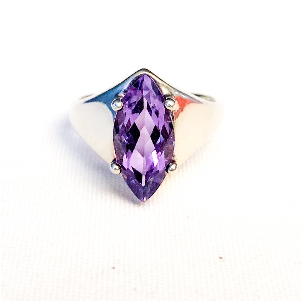 Vintage Sterling Silver Marquis Cut Amethyst Ring